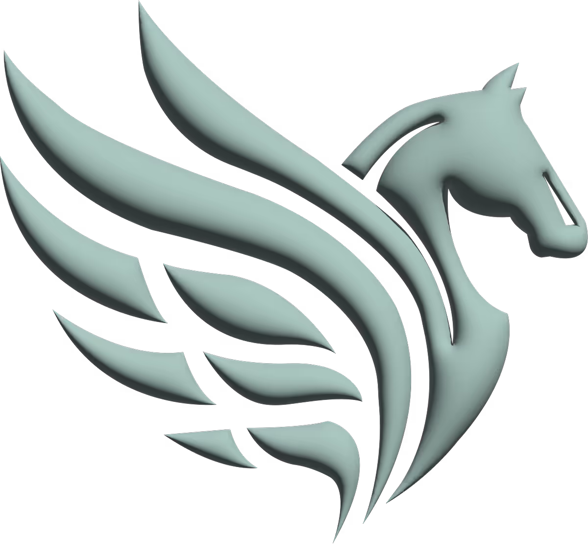 Stylized light blue abstract horse head with flowing mane elements on a black background.